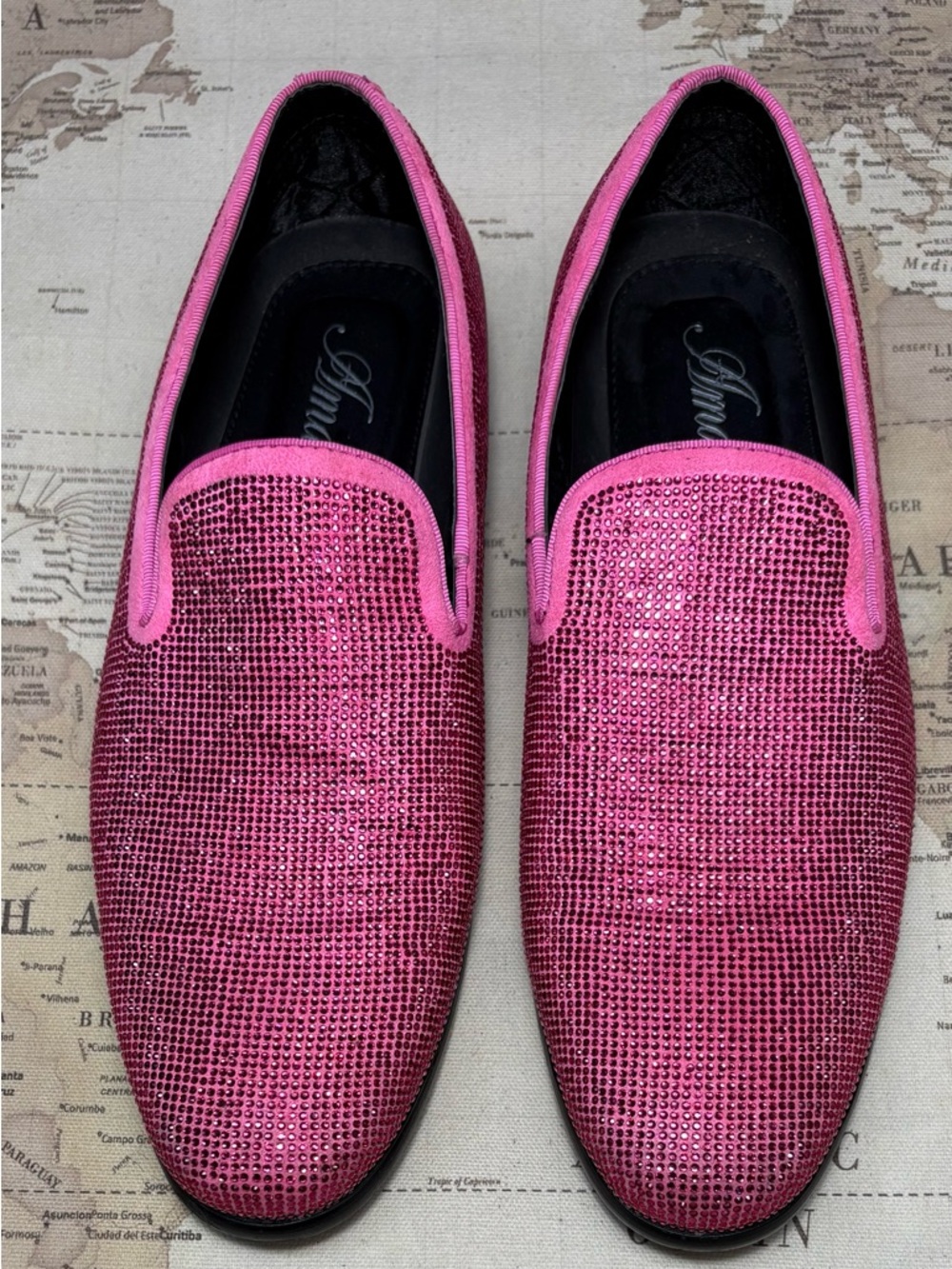 Amali Men’s Dazzle Fuchsia Sparkly Loafers Dress Shoes Pink Rhinestone Size 8.5